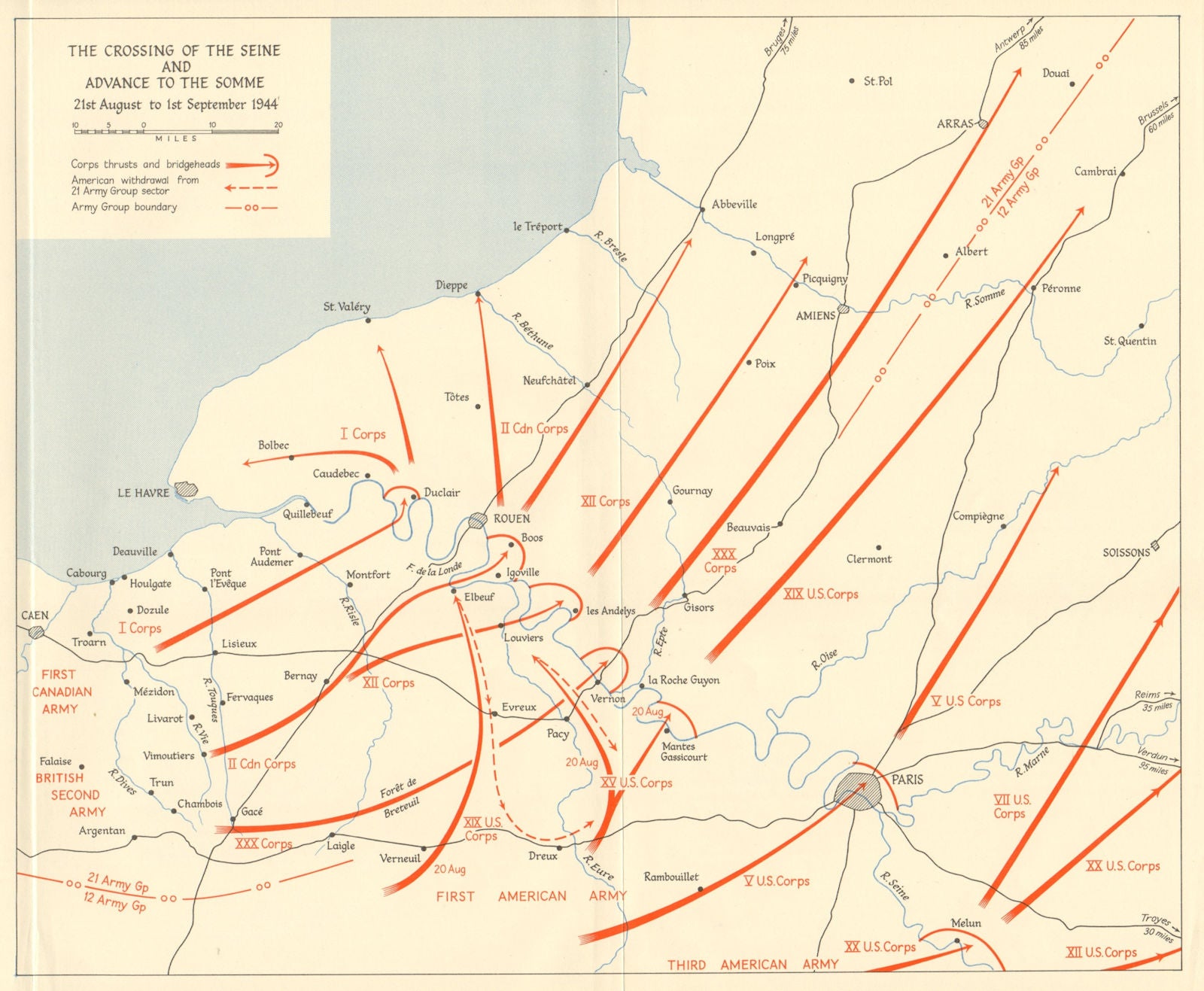 Overlord Normandy Crossing Seine Advance to Somme 21 Aug-1 Sept 1944 1962 map